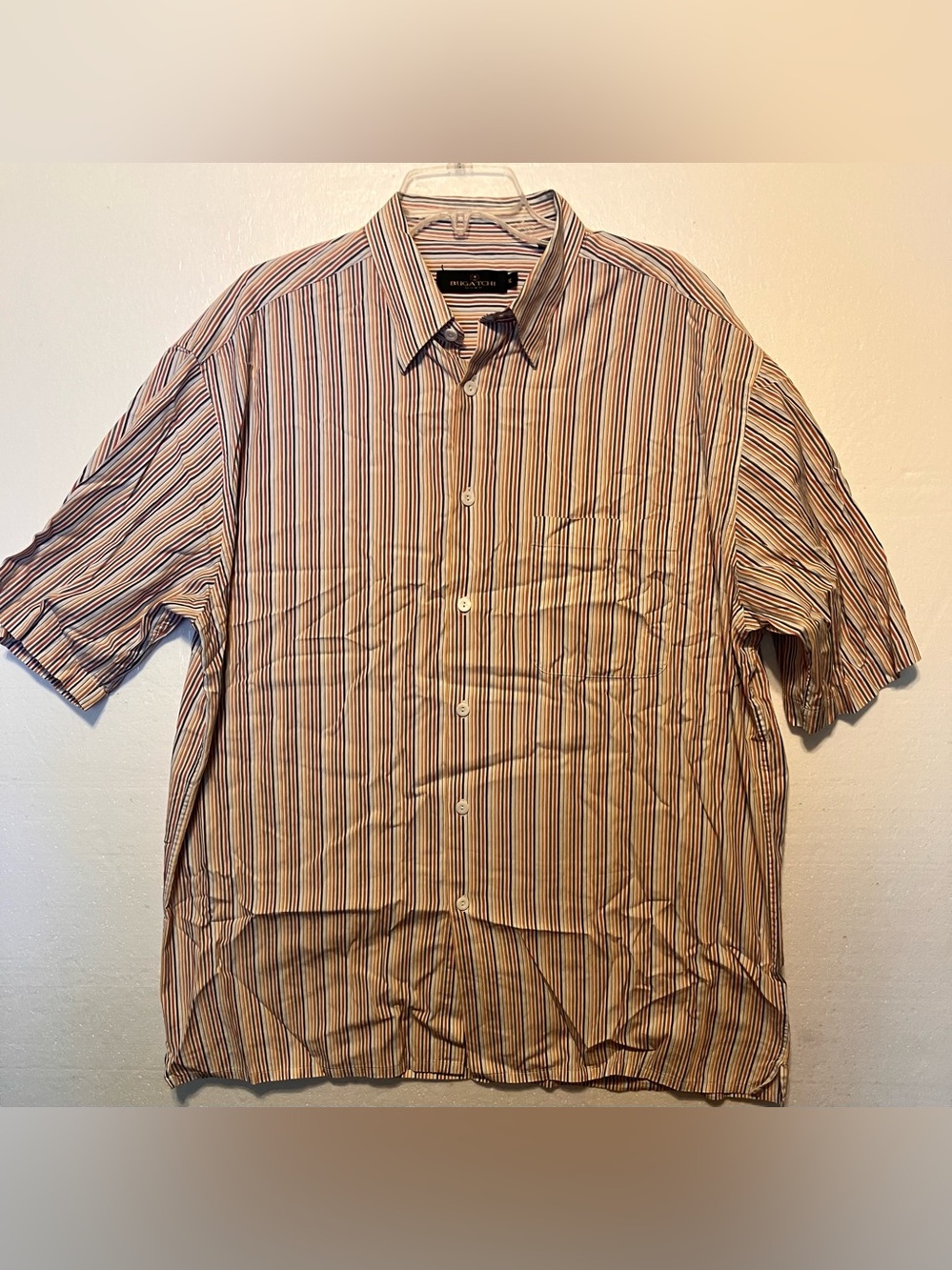 Bugatchi XL Multistripe Short-Sleeve Button-Down in Tan and Brown